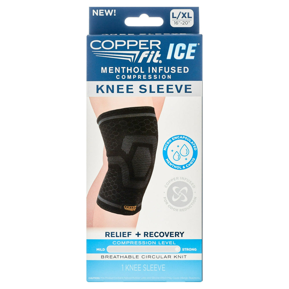 Copper Fit Ice Knee Sleeve Infused With Cooling Action and Menthol, Large And Extra Large, 1 Ea